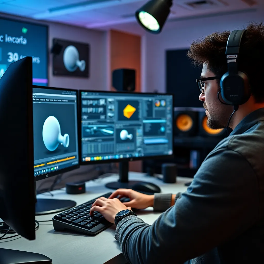 Profesional trabajando con software de animación 3D en un estudio español