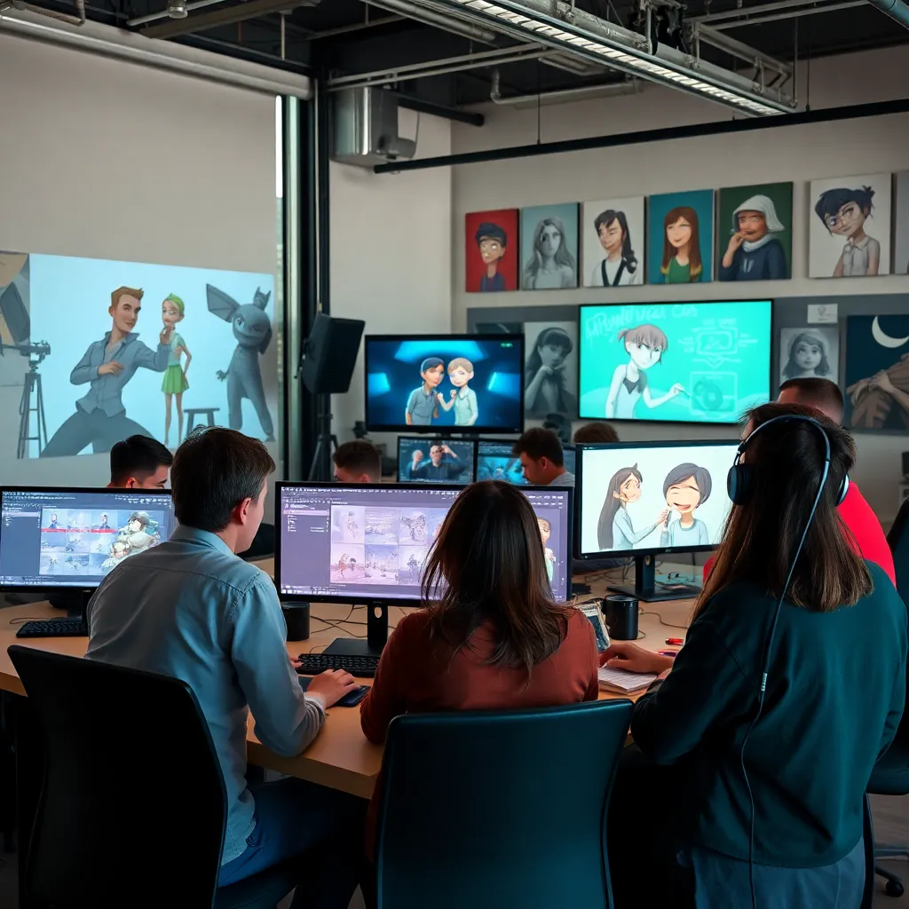 Equipo de animadores españoles colaborando en un proyecto de animación 3D en un estudio moderno