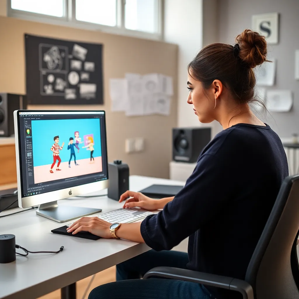 Gráfico de crecimiento de la industria de animación española con profesionales trabajando en un estudio moderno