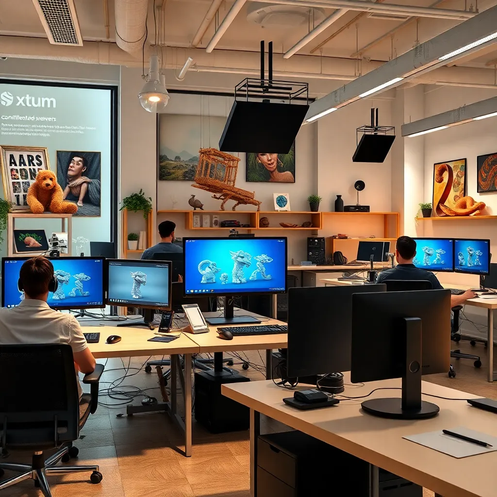 Profesional de animación 3D trabajando con múltiples monitores mostrando software especializado