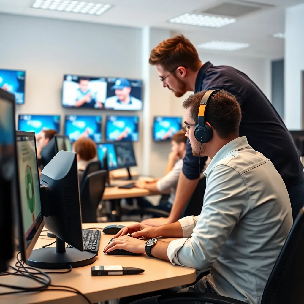 Aula de formación con estudiantes trabajando en estaciones de animación 3D