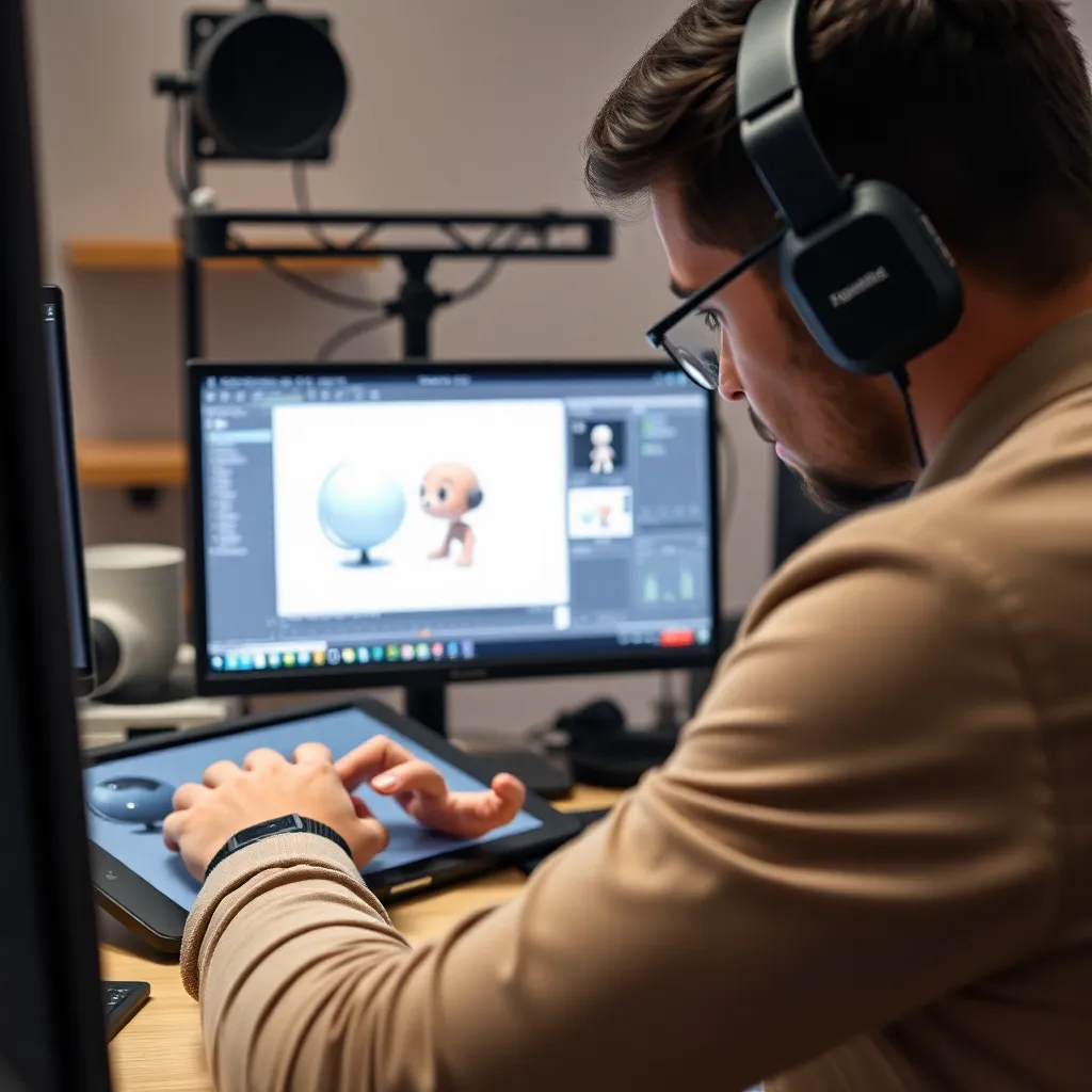 Profesional de animación 3D trabajando con software especializado
